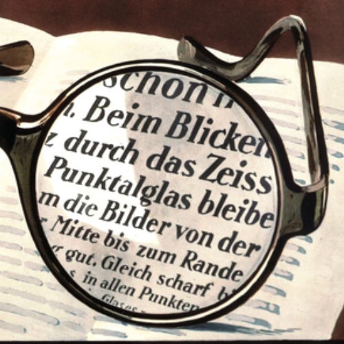 Een afbeelding van een oude advertentie voor ZEISS Punktal brillenglazen die helder zicht door het hele brillenglas laat zien. Dit was in 1912 revolutionair. 