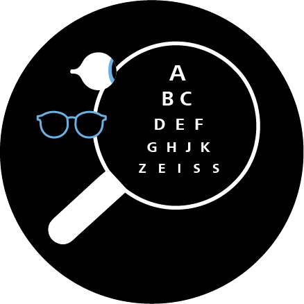 Illustratie van een bril, een oog en een vergrootglas die de letters van een zichttest vergroten. 