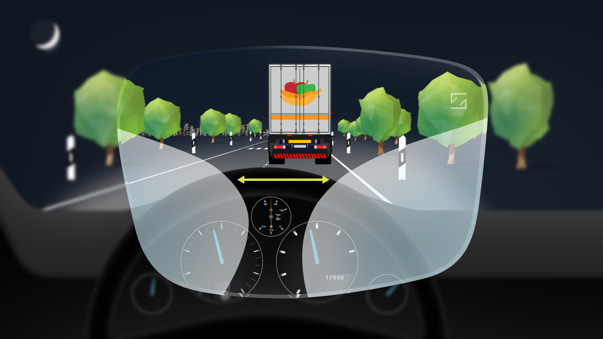 Een tot 43 % groter gedeelte voor de middellange afstand om het scherpteverschil tussen dashboard en spiegels gemakkelijker te overbruggen en een tot 14 % groter gedeelte voor veraf voor breder zicht op het wegdek.