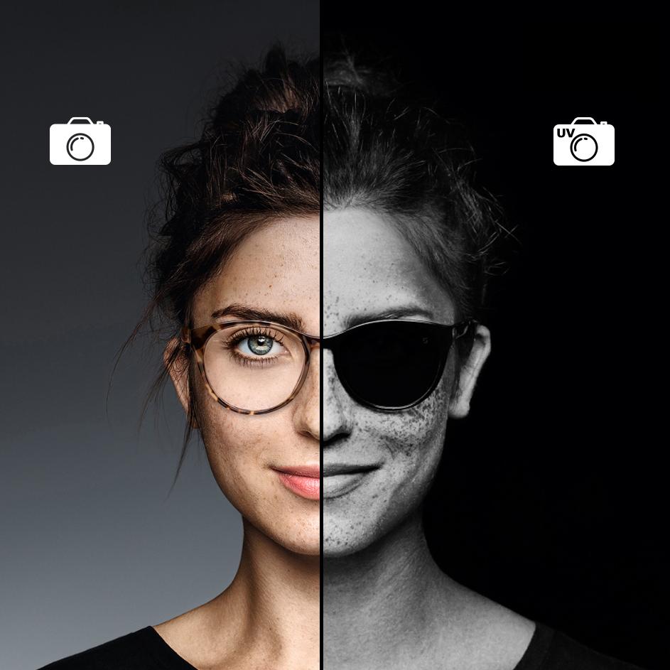 Close-up van een vrouw met een bril met ZEISS UVProtect technologie. De helft van de foto werd genomen door een normale camera en de andere helft door een UV-camera. De UV-foto laat zien dat heldere ZEISS brillenglazen net zo effectief zijn als een zonnebril bij het blokkeren van schadelijke UV-stralen.