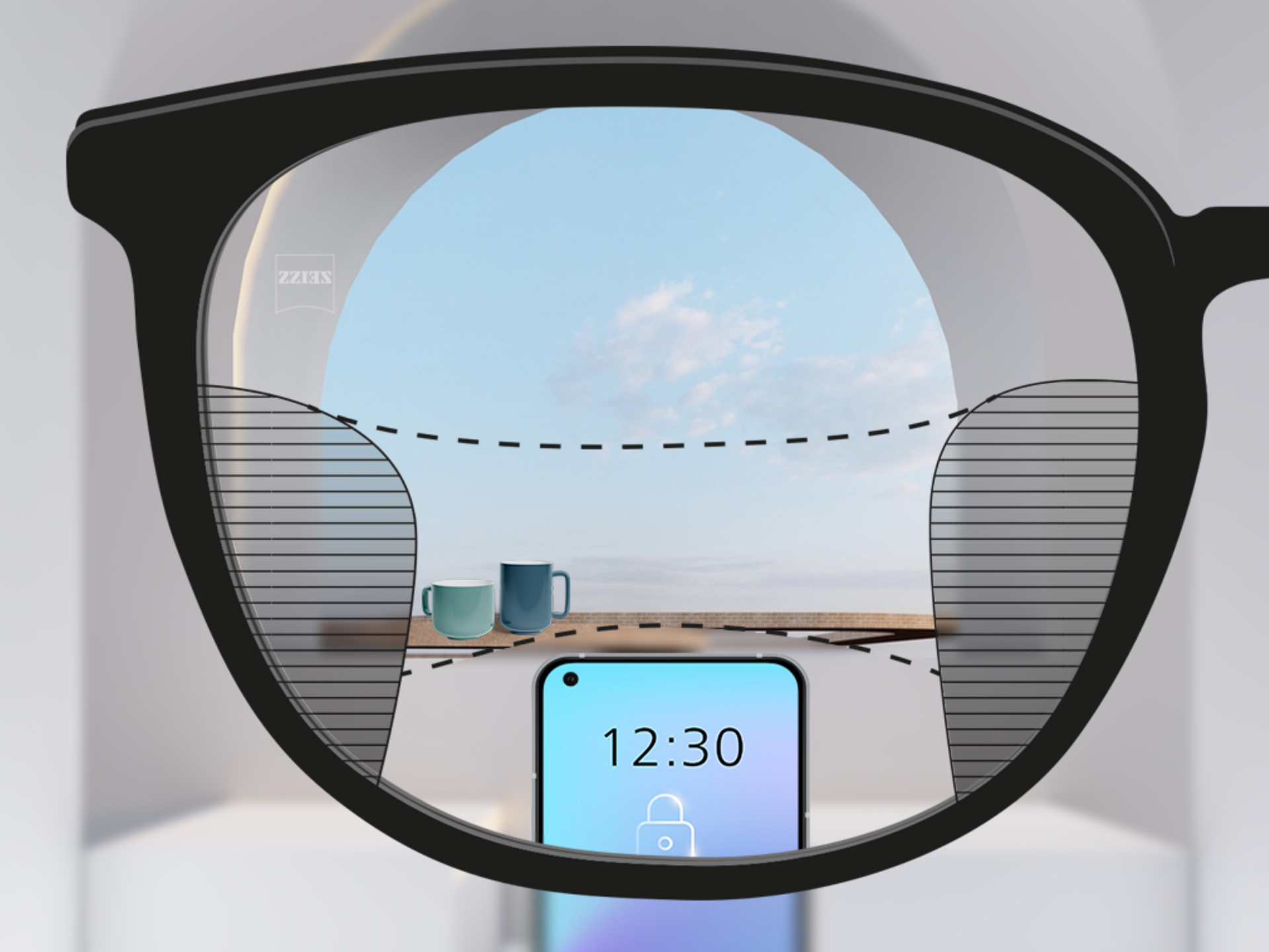 Een point-of-view-beeld door een ZEISS SmartLife progressief brillenglas: De wazige zones links en rechts van het brillenglas zijn klein en maken grote heldere zichtzones mogelijk.