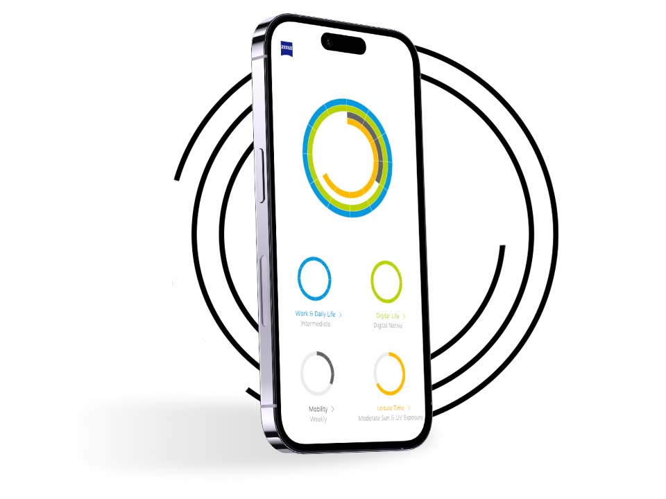 Een smartphone voor zwarte ringen toont het zichtprofiel van een gebruiker van Mijn Kijkprofiel met verschillend gekleurde ringen. 