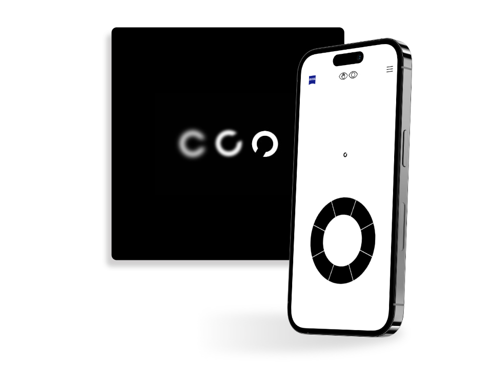 Een smartphone met een scherm van een ZEISS Online Oogtest, staand voor een zwarte vierkante knop die verschillende scherpe cirkels toont met een opening in verschillende richtingen, vaak gebruikt bij visietests.