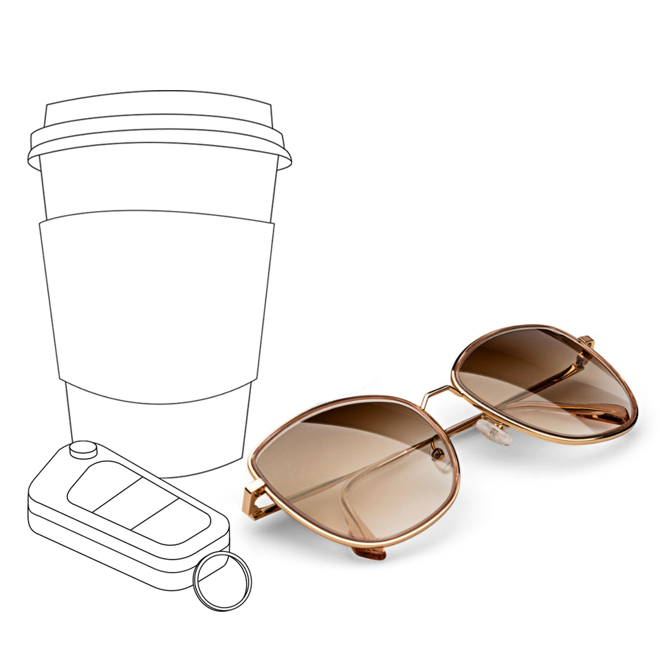 Een geïllustreerd koffiekopje en autosleutels naast een echte afbeelding van ZEISS zonneglazen in bruin kleurverloop.