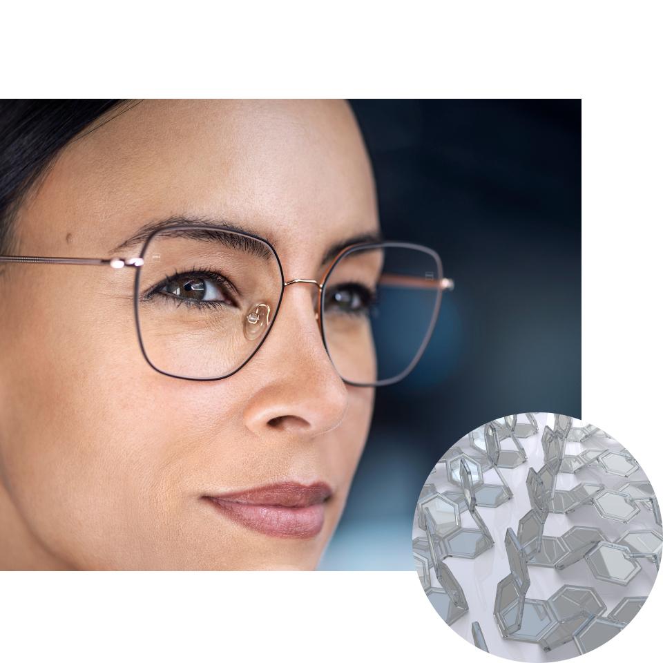 Vrouwen met een bril met ZEISS PhotoFusion X in heldere toestand met een visualisatie van de gevouwen kleurstofverbindingen. 