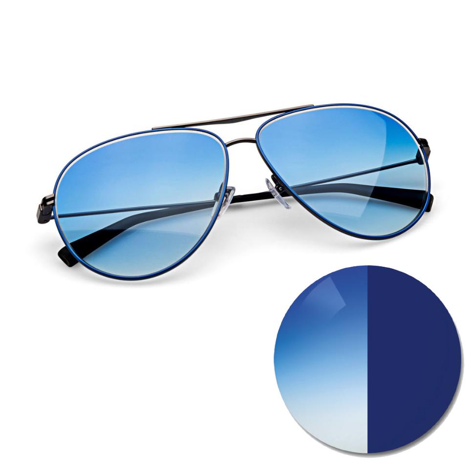 Lunettes avec des verres ZEISS AdaptiveSun bleu dégradé et un point de couleur dans une teinte claire et foncée