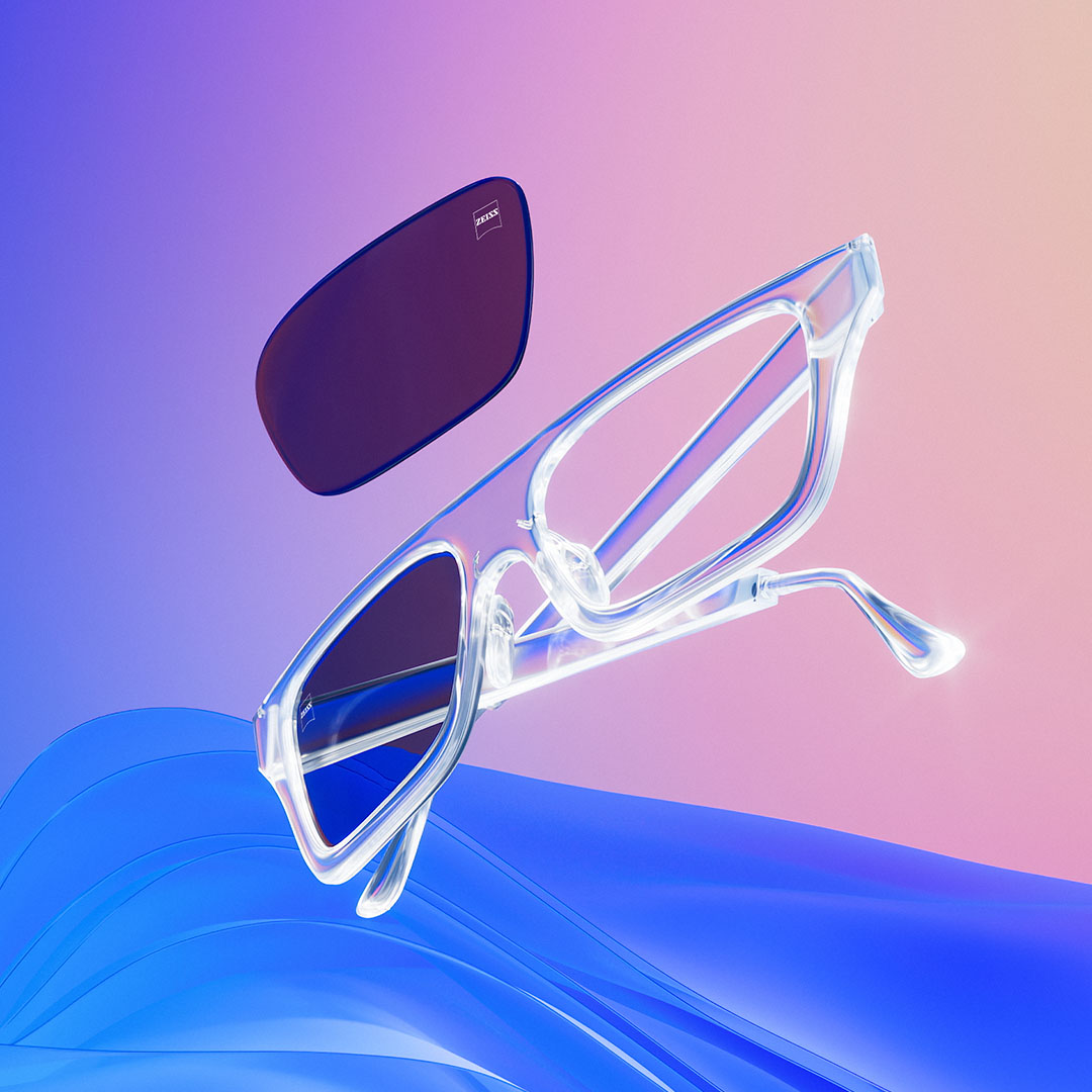 Représentation en images de synthèse des verres solaires et d’une monture.
