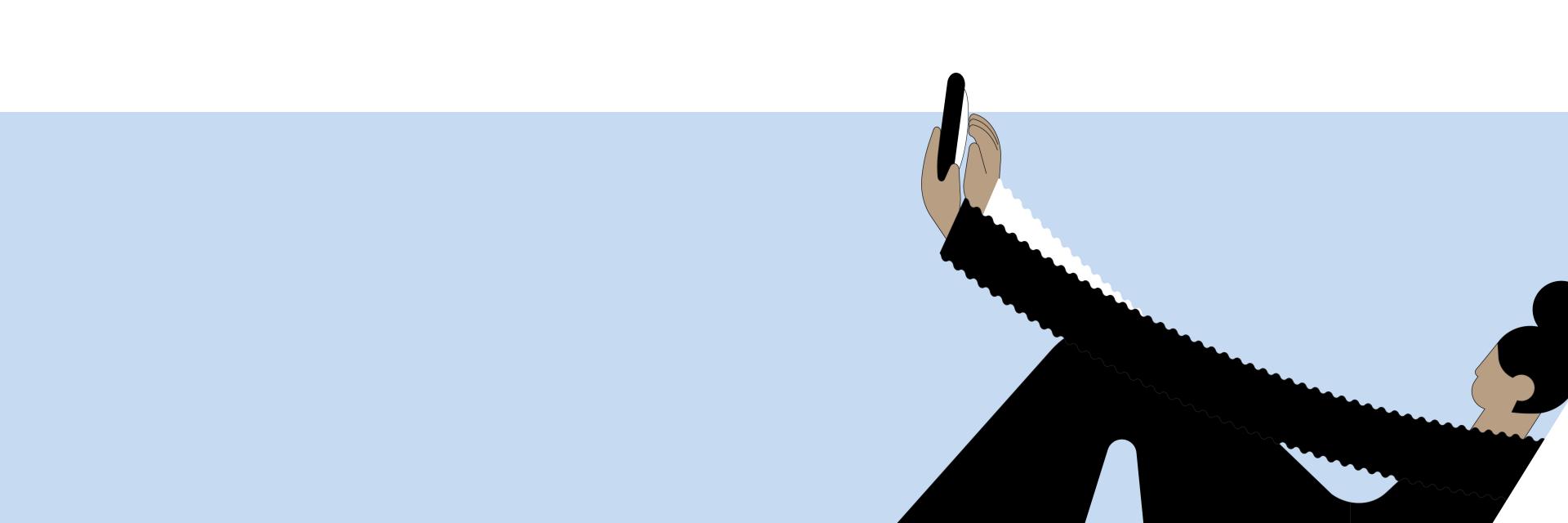 Illustration représentant une femme tenant un smartphone au bout de bras exagérément longs.