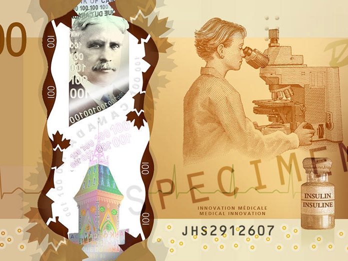 Close-upweergave van Canadees biljet van $ 100,-., met daarbij o.a. een ZEISS microscoop.