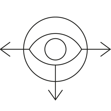 Pictogram met een oog in een cirkel met drie pijlen - links, beneden en rechts.