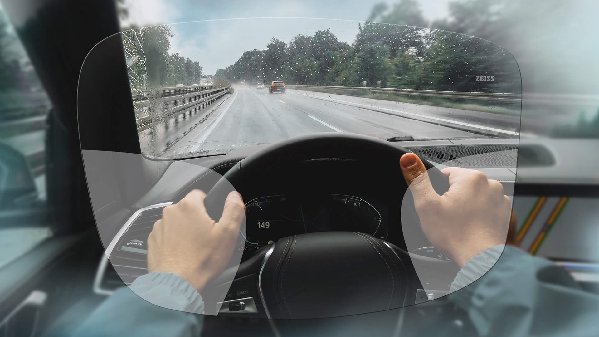 Visualisatie van ZEISS DriveSafe progressieve glazen. De afbeelding toont het zicht door de brillenglazen. 