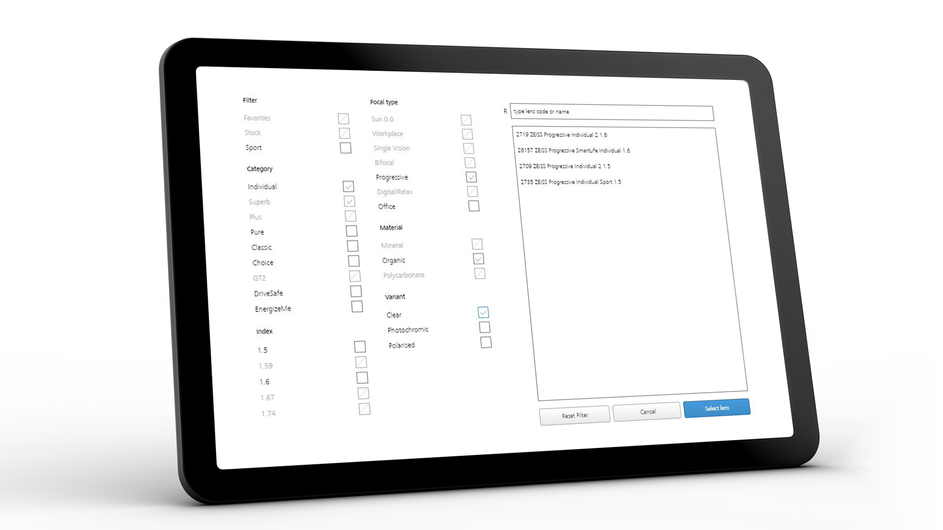 Tabletscherm met de ZEISS VISUSTORE interface voor verschillende invoerhulpmiddelen 