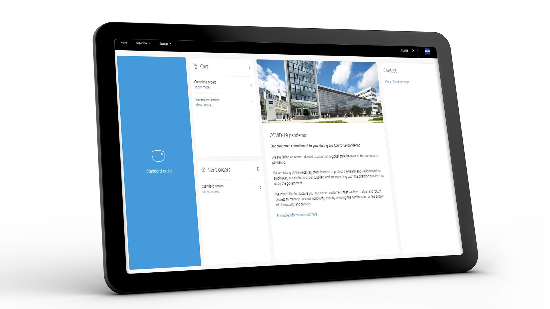 Tabletscherm met de ZEISS VISUSTORE-interface voor standaardbestellingen 