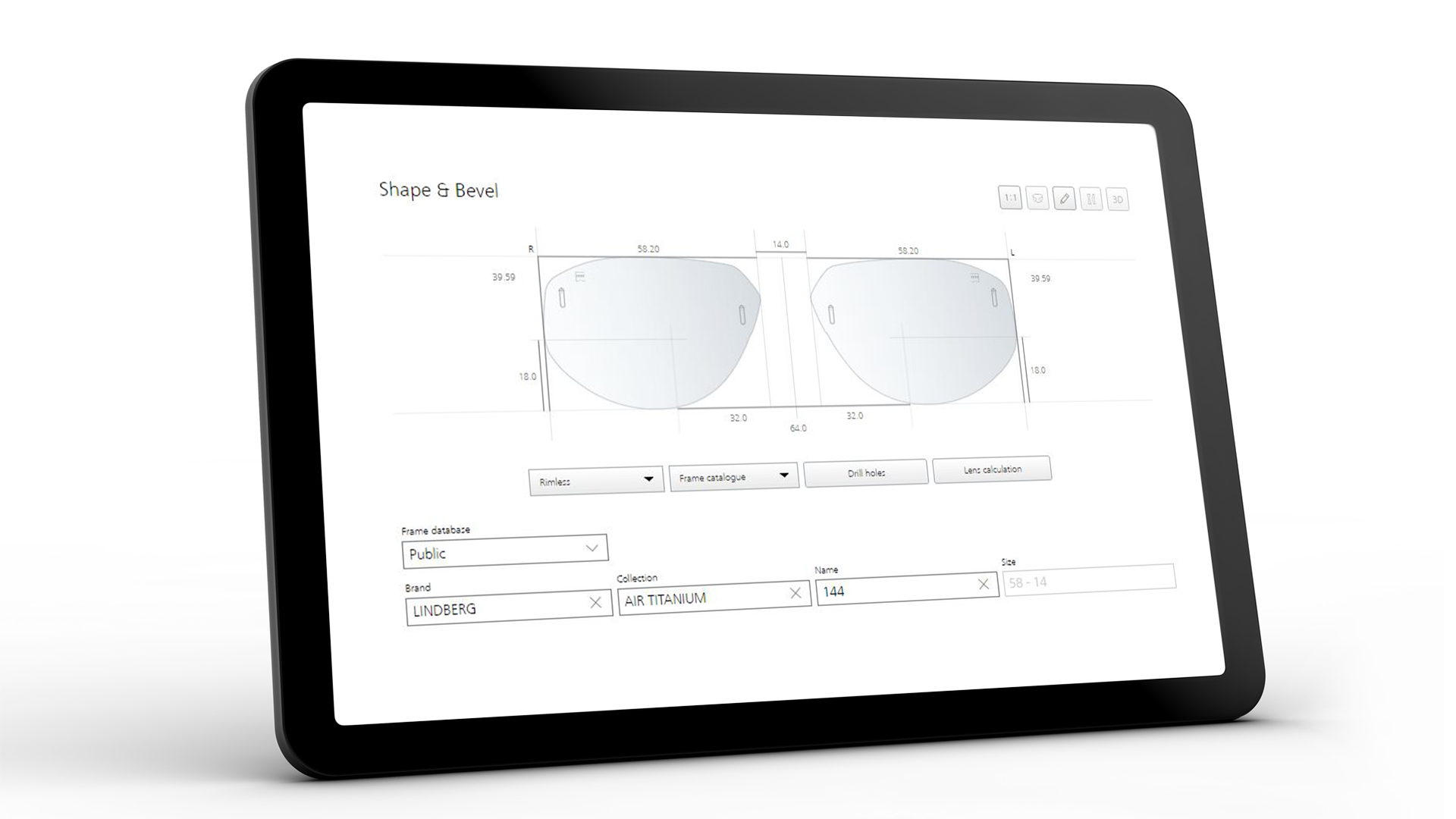 Tabletscherm met de ZEISS VISUSTORE interface voor vorm en facet 