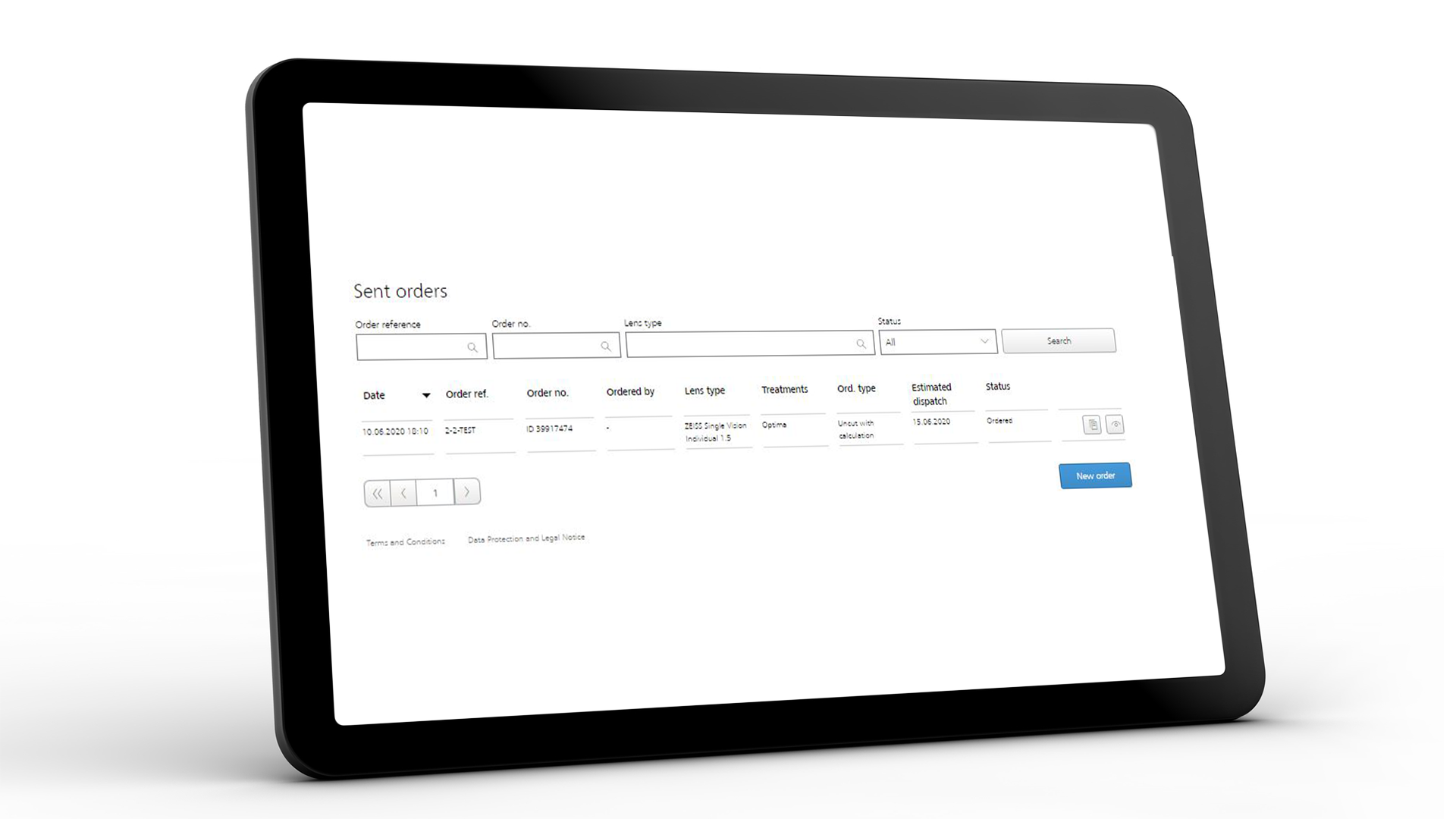 Tabletscherm met de ZEISS VISUSTORE interface voor verzonden bestellingen 