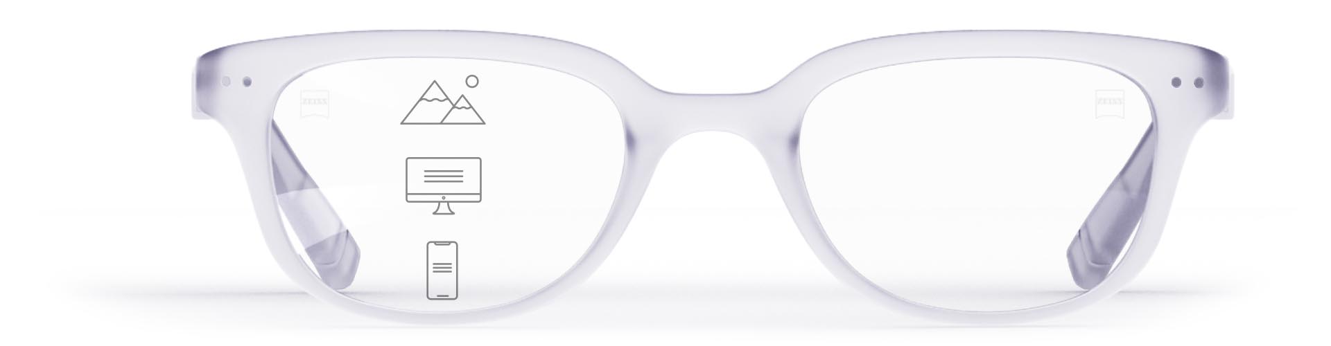 Verres progressifs ZEISS SmartLife dans une monture transparente stylée avec des icônes indiquant les différentes zones de vision – de près, intermédiaire et de loin